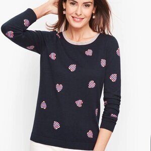 Talbots navy blue sweater with hearts. Size medium, tie back
